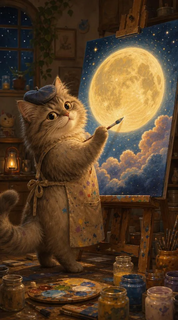 Кот художник рисует луну