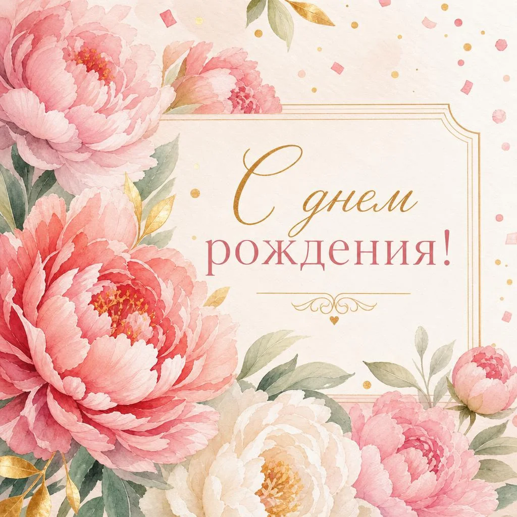 Открытка «С днем рождения!» с пионами