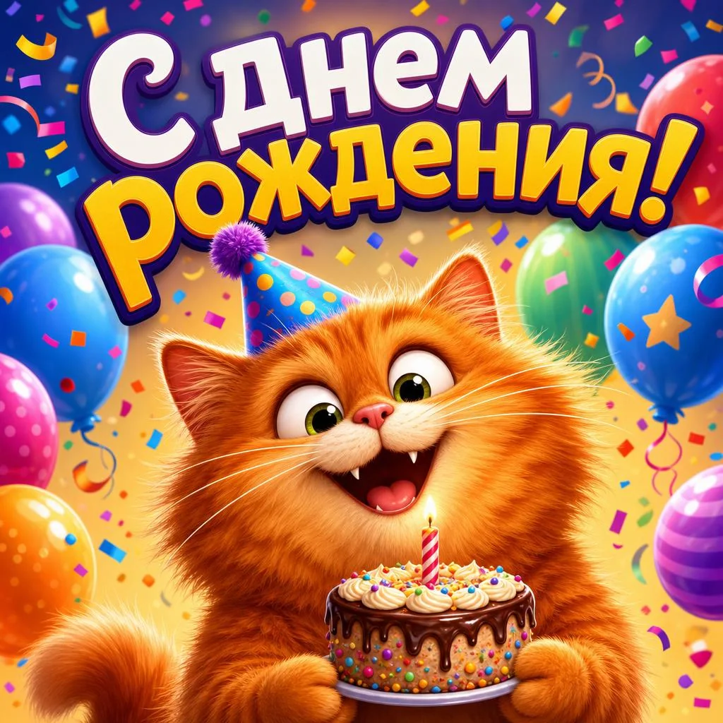 Веселая открытка с днем рождения и котом