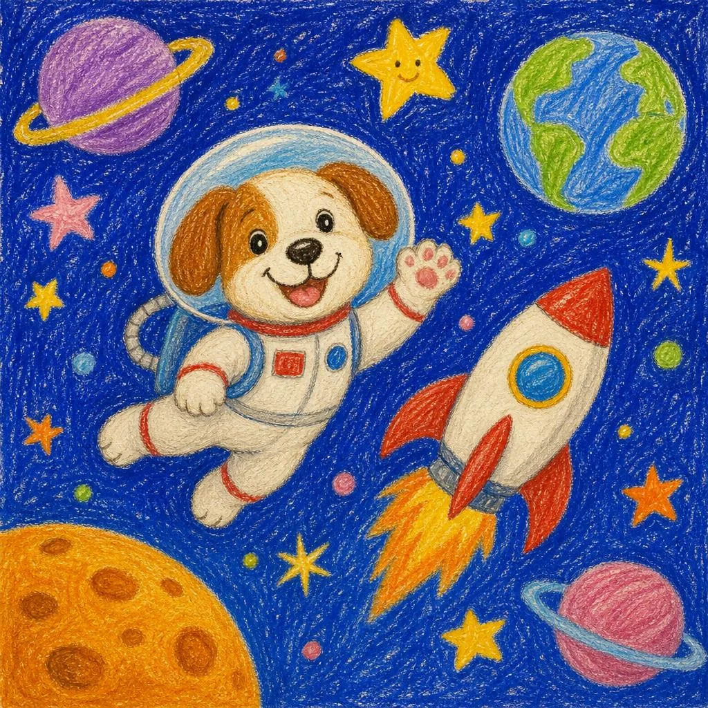 Детский рисунок собаки-космонавта