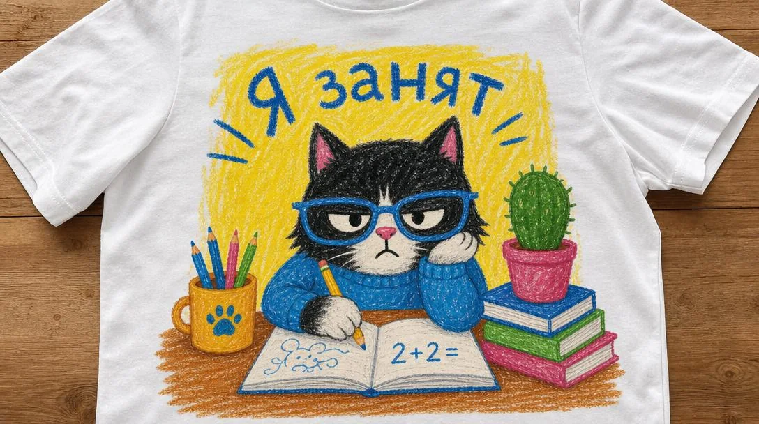 Принт на футболке с котом