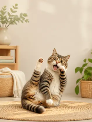 Котики: Реалистичный милый котик в уютной комнате, смешная поза, чистый фон