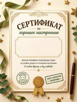 Шуточные документы: Шуточный сертификат на хорошее настроение, печати, рамка, праздничные детали